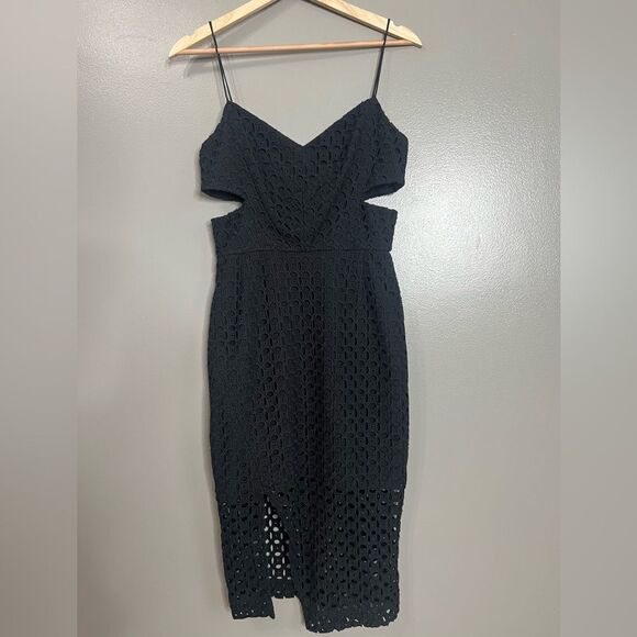 Midi Eyelet cutout perforated sheath black cocktail dress Nicholas LBD party - Picture 14 of 16